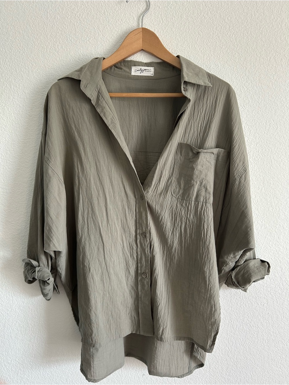 Carly Jean Los Angeles Relaxed Button-Up Shirt in Olive